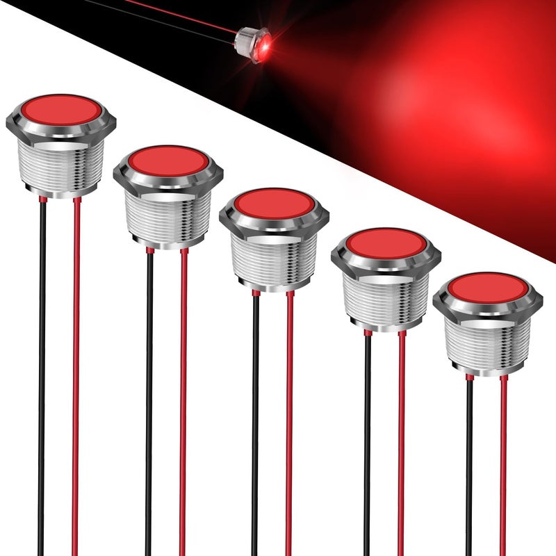FICOLPO 5 قطع ضوء مؤشر معدني LED مقاوم للماء، 12-24 فولت، ثقب تركيب بقطر 0.87 بوصة، ضوء إشارة طيار موصل مسبقًا للسيارات والشاحنات والقوارب والبحرية والعدادات والكهرباء الصناعية (أحمر، 22 مم) - Image 1